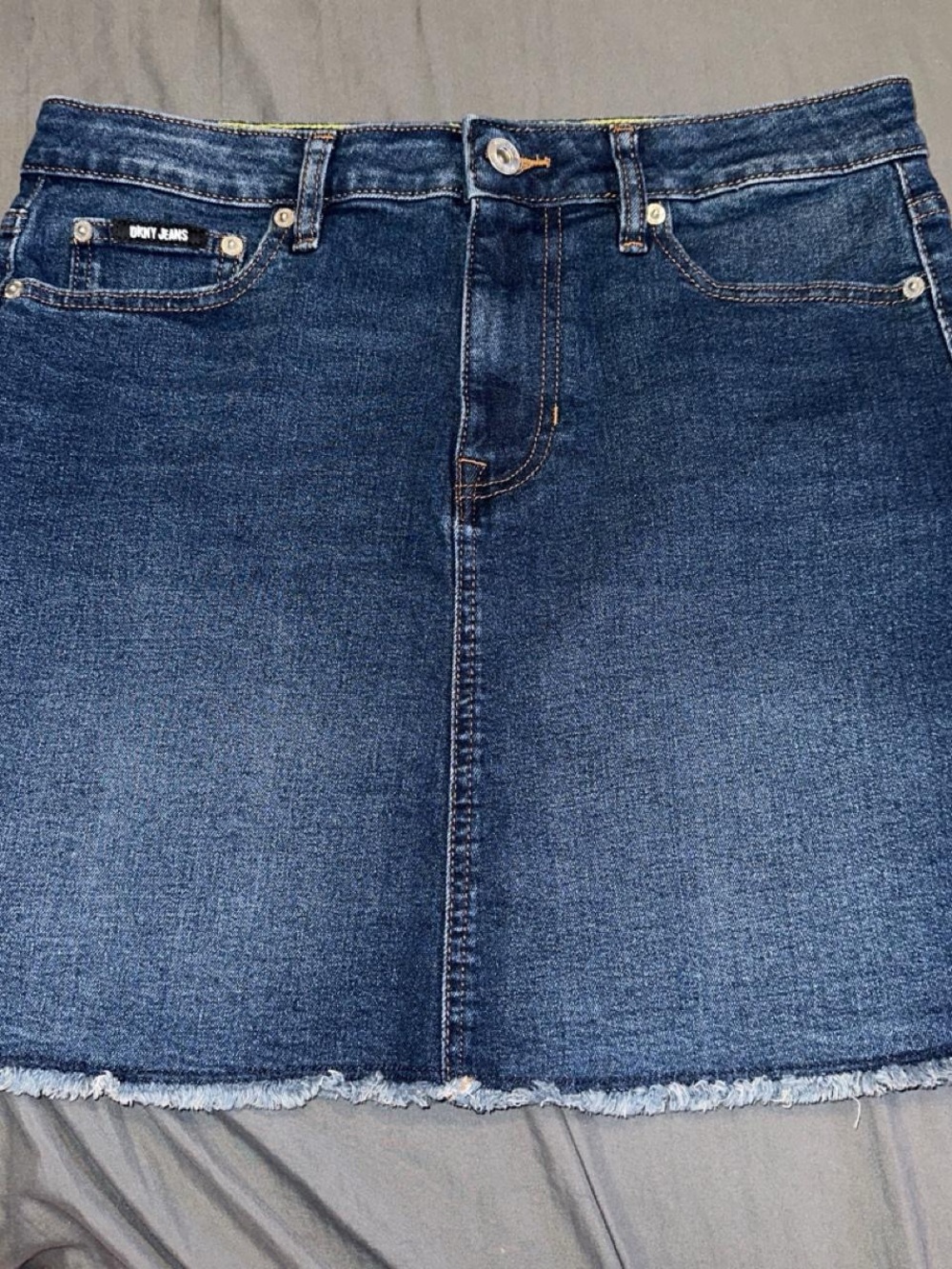 DKNY Indigo Blue Denim Mini Skirt with Frayed Hem